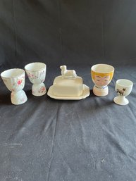 Adderley Vintage Double Egg Cups, Assorted Egg Cups, Butter Dish