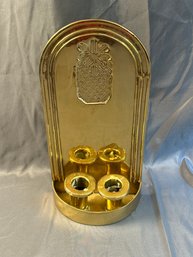 Gold Toned Candle Holder With Pineapple Emblem, Possibly Brass