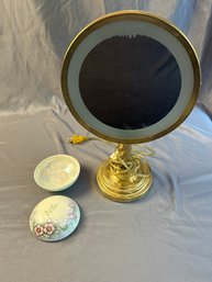 Vintage Brass Plug In Beauty Mirror, Limoges Trinket Dish