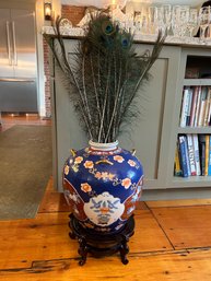 Large Chinese Porcelain Signed Pot On Stand With Peacock Feathers