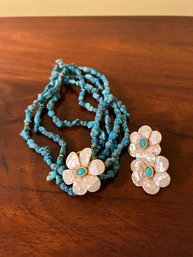 Rock Necklace With Shell Flower Pendant, Shell Flower Clip Earrings