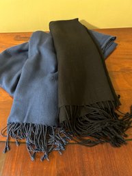 Navy Blue Shawl And Black Scarf, Each With A Fringe Bottom