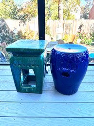 (2) Green & Blue Ceramic Plant Stands