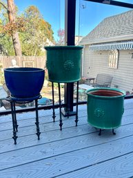 Gardening Pots On Stands, Blue & Green (3)