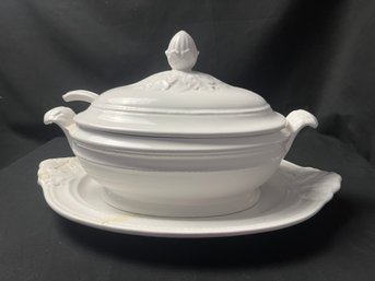 Large Ceramic Soup Serving Bowl With Platter And Spoon