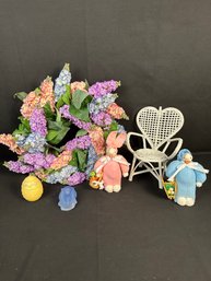 Wreath, Wicker Chair,2 Bunny Decor, Glass Rabbit Candle Holder,  And Egg Candle.