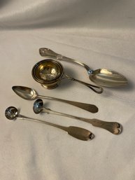 Ferrington & Honnewell FNH Spoon, Halian Tea Strainer, Coin Silver Spoons   (L)