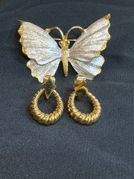 BSK Butterfly Pin And Trifari Earings Costume