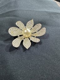 Marvella Silver Tone Pearl And Rhinestones Flower Shaped Pin