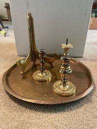 Brass Tray, Candlesticks, Frame Holder     (L)