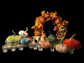 Autumn Decor - Wreath, Pumpkins, Glass Tealight Holders & Tray (Basement)