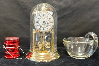 Seth Thomas Clock, Steuben Style Bowl, Candle Holder Red