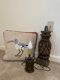 L L Bean Pillow, Bronze Table Lamp, Woode Gilded Pineapple   (B)