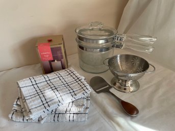 Pyrex Double Boiler, Dansk Cheese Slicer, Colander, Candle, Dish Towels    (K)