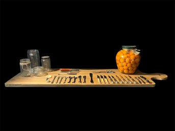 Large Charcuterie Board, Canned Apricots, Hors Doeuvre Utensils & Glass Jars (Basement)