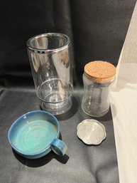 Jar, Bowl, Metal Plate, And A Plastic Cup