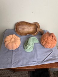2 Pumpkin Decor, A Monkey Pod Wood Tray And Crocodile Sculpture