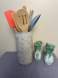 Canister Of Kitchen Utensils And Decorative Salt And Pepper Shakers