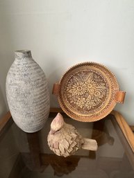 Rusk Bowl Bouquet, Birch Bark Tray, Handman Wooden Cardinal, And Dec Vase