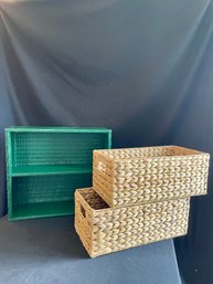 Wicker Shelf, 2 Straw Storage Bins