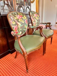 Floral Green Leather Arm Chairs  (dr)