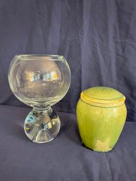 Glass Vase & Lidded Ceramic Jar   (K)