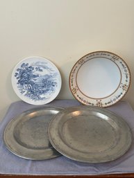 2 Pewter Plates, A Salad Bowl, And Small Plate