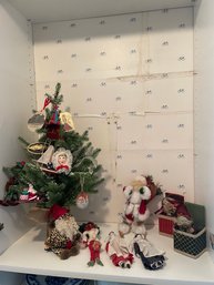 Xmas Tree W/ Ornaments, Porcelain Doll, Santas & More