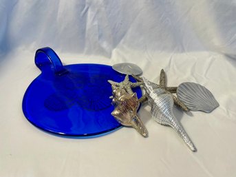 Blue Glass Serving Dish, Silver Shells