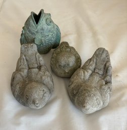 Decorative Stone Birds (3), 1 Cast Iron Fish (K)