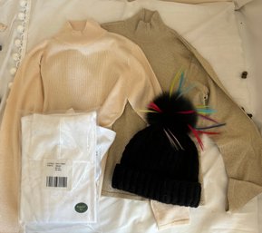 Talbots Gold Silk Blend Sweaters, Winter Hat, LL BeN White Turtlenecks (K)