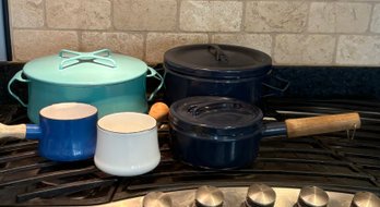 Dansk Teal Pot, Unbranded Metal Pots Blue (2), Dansk Small Wooden Handle Pans Blue And White