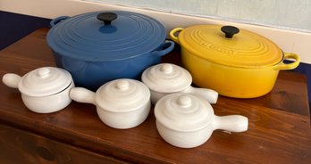 Le Creuset Blue #30 Pot, Le Creuset Yellow #25 Pot, 4 White Stoneware Soup Crocks