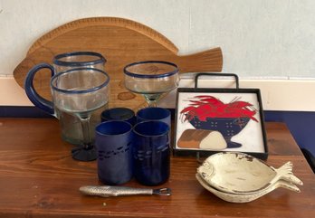 Lobster Trivet, 4 Blue Fish Glasses, Margarita Pitcher With 2 Glasses, Fish Cutting Board, Fish Bottle Opener