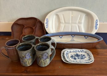 Corning Ware Baking Dish, Hausenware Fish Dish, 4 Floral Mugs, 1 Stone Mug, Wooden Serving Tray, 2 Small Dishe