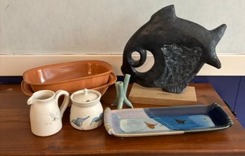 Austin Production Fish Sculpture, Terracotta Dishes, Serving Tray, Creamer And Sugar Dish, Flower Vase