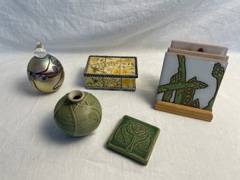 Pewabic Wall Art, Signed Perfume Bottle, Coasters, Trinket Box, Ceramic Vessel   (SBR)