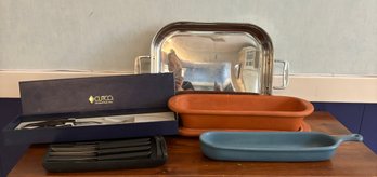 All Clad Baking Pan, Bennington Vermont Pottery Serving Dishes (2) Cutco Knives, Pampered Chef Set Of 4 Knives