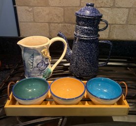 Small Bowls On Wooden Tray, Blue Metal Teapot, Seahorse Pitcher