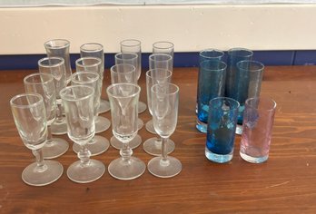 Blue Glass Shot Glasses (5), Pink Glass Shot Glass (1), Clear Shot Glasses (16)