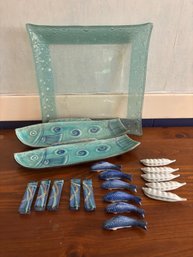 Blue Fish Serving Dishes, Clear Bubble Glass Tray, 6 Fish Table Decor,5 Blue Glass Table Decor, 5 Peapod Decor