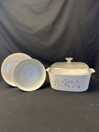 Casserole Dishes: Corning (2), (1) Unbranded With Lid (DR)