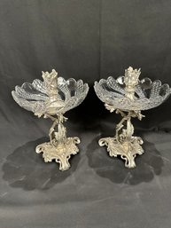 Pair Of Metal And Pressed Glass Candlesticks