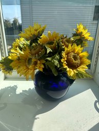 Blue Vase With Faux Yellow Sunflowers (UH)