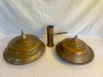 2 Turkish Covered Serving Dishes, Copper Utensil