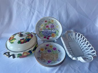 Plates, Ceramic Basket & Enamel Casserole