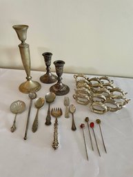 Sterling And Plate Candlesticks, Napkins Rings, Silverware