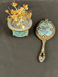 Vintage Chinese Cloisonne Jade Tree And Small (broken) Mirror. (LD)