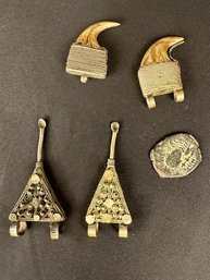 Antique Big Cat Claw Pendants In Silver, Antique Ethiopia Ear Spoons And An Ancient Byzantine Coin