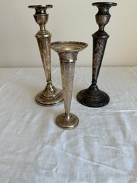 Pair Of Sterling Silver Weighted Candle Sticks And Vase